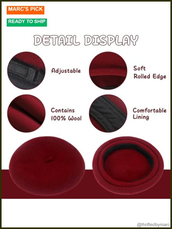 100% Wool Beret Hat Adjustable Headband Handmade Rolled Brim Unisex main image 5